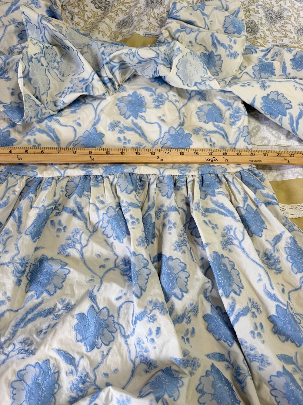 ASOS Edition Blue Floral Jacquard Babydoll Mini Dress Puff Sleeve Ruffle US 12 - Picture 10 of 13